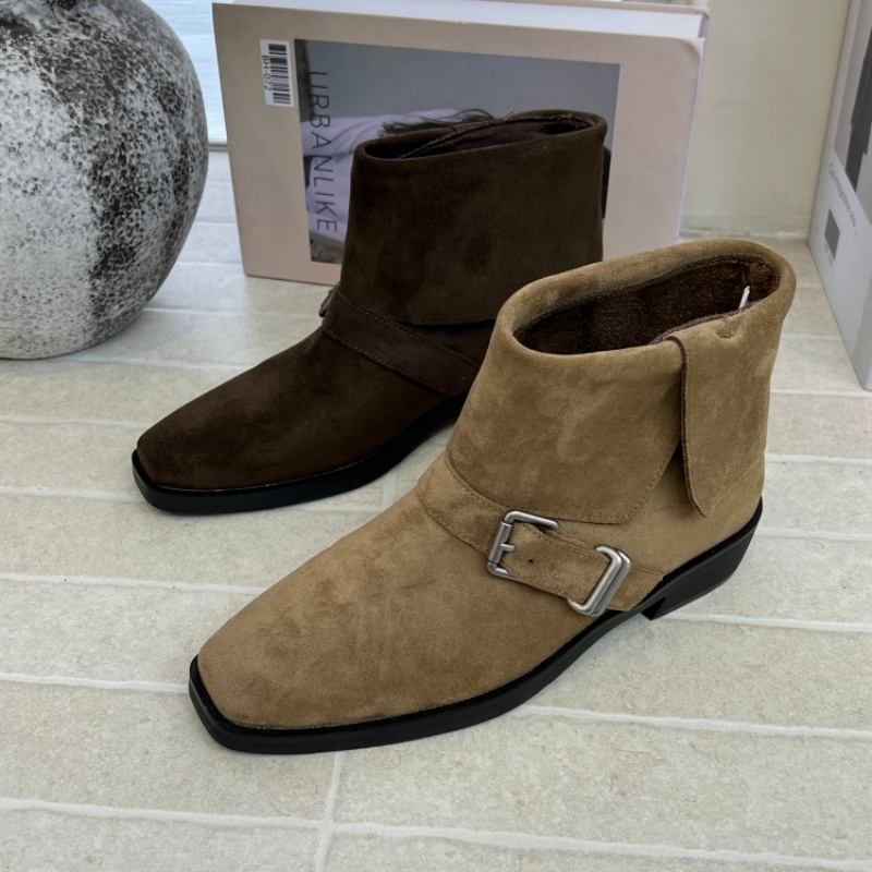 2025秋冬款皮带扣绒面短靴女加绒保暖百搭方头机车瘦瘦马丁靴女款