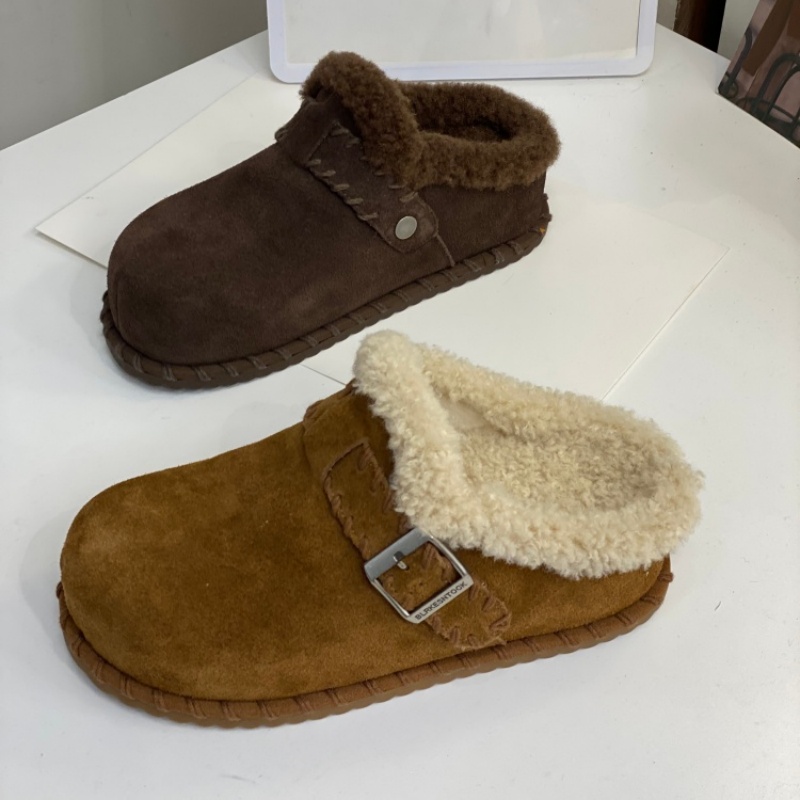 2025冬季新款加绒勃肯鞋包头半拖保暖磨砂皮毛毛鞋冬季平底拖鞋女