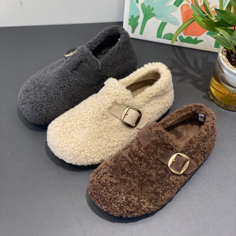 毛绒勃肯鞋女2025冬季新款一脚蹬豆豆鞋加绒保暖厚底毛毛懒人鞋女