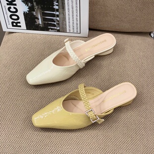 韩版尖头深口单鞋女2026春季新款中跟细跟编织方扣百搭外穿一脚蹬