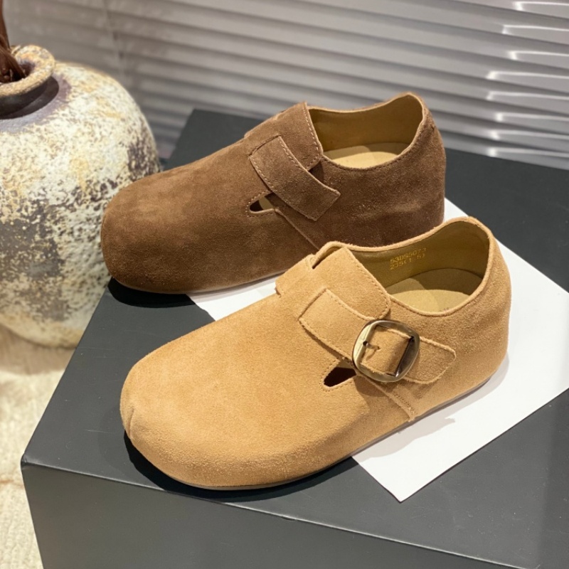 2025冬季新款复古磨砂真皮勃肯鞋一脚蹬女搭扣厚底内增高休闲单鞋