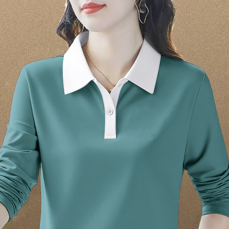 纯棉拼领polo衫长袖t恤女装春秋季新款洋气大码宽松显瘦减龄上衣