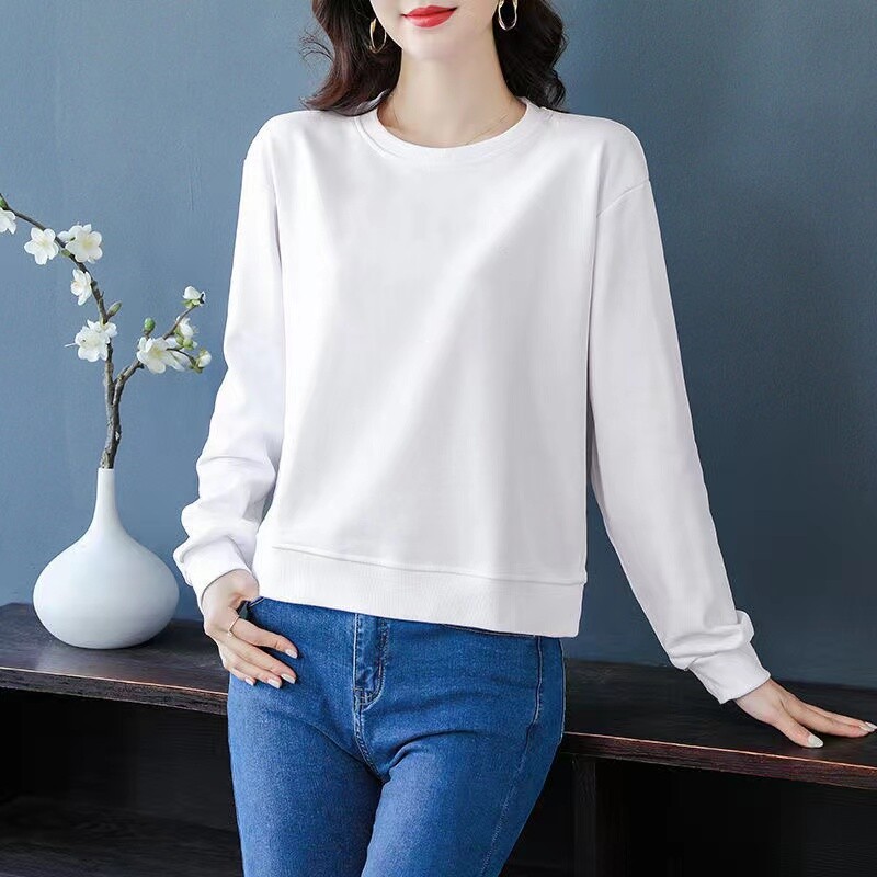 纯棉圆领薄款t恤女新款春秋季韩版宽松显瘦百搭洋气时尚长袖上衣