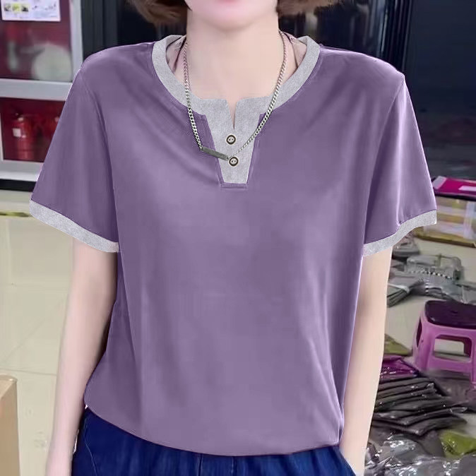 纯棉V领t恤女短袖夏季新款韩版时尚百搭宽松拼接撞色减龄纯色上衣
