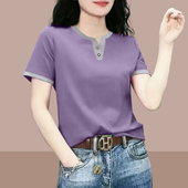 100%纯棉t恤女短袖 显瘦休闲百搭纯色V领上衣服 时尚 2025夏季 新款
