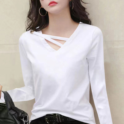 秋季纯棉圆领长袖t恤女士新款韩版宽松百搭设计感不规则纯色上衣