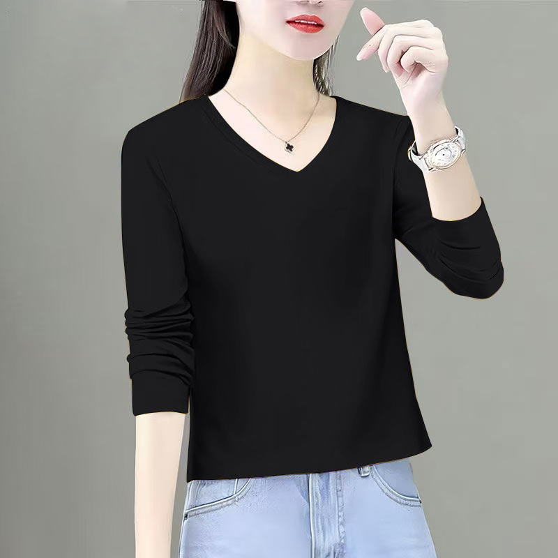 100%纯棉长袖V领T恤女2025春秋季薄款时尚洋气休闲简约打底衫上衣