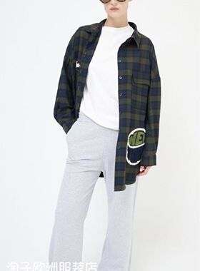 意大利品牌kikisix正品拼色字母图案宽松格子衬衫上衣2025秋冬女