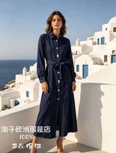 意大利品牌venti6正品时尚单排纽扣牛仔棉长袖连衣裙2026秋冬女装