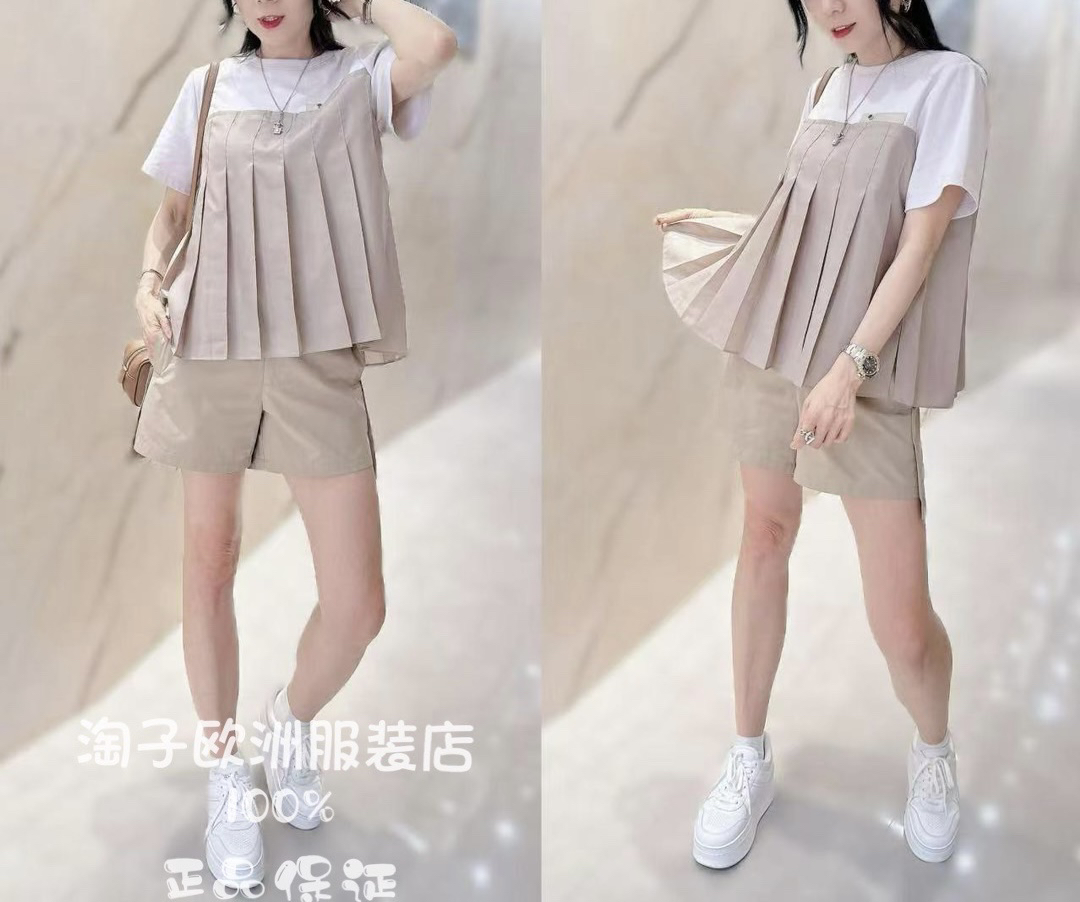 特价意大利品牌dalla a正品拼色百褶摆圆领短袖T恤上衣2025春夏现