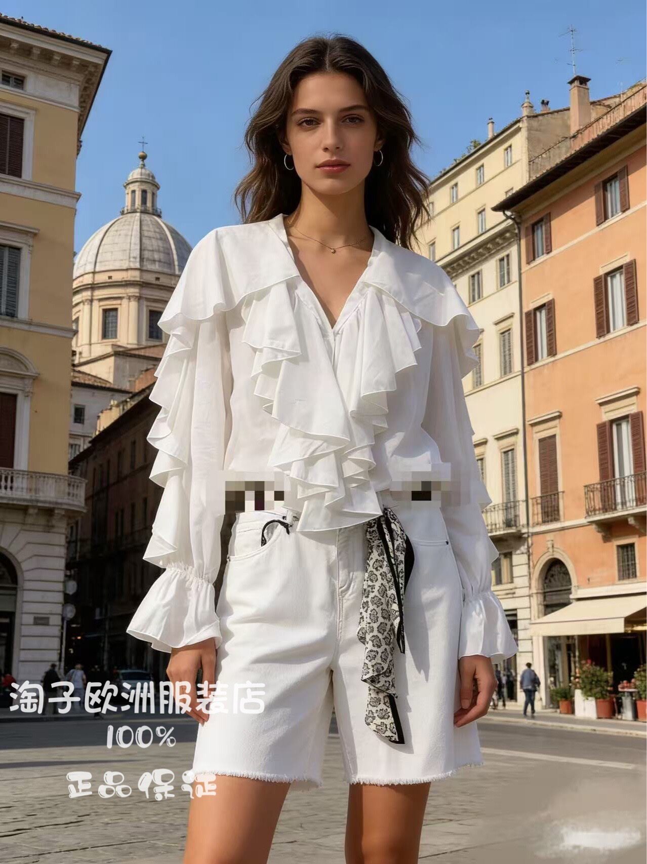 意大利品牌vicolo正品木耳边衬衫上衣～配丝巾毛边短裤2026春夏女