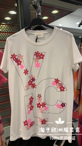 特价意大利品牌vicolo正品花朵珠子字母图案短袖T恤春夏女装现货