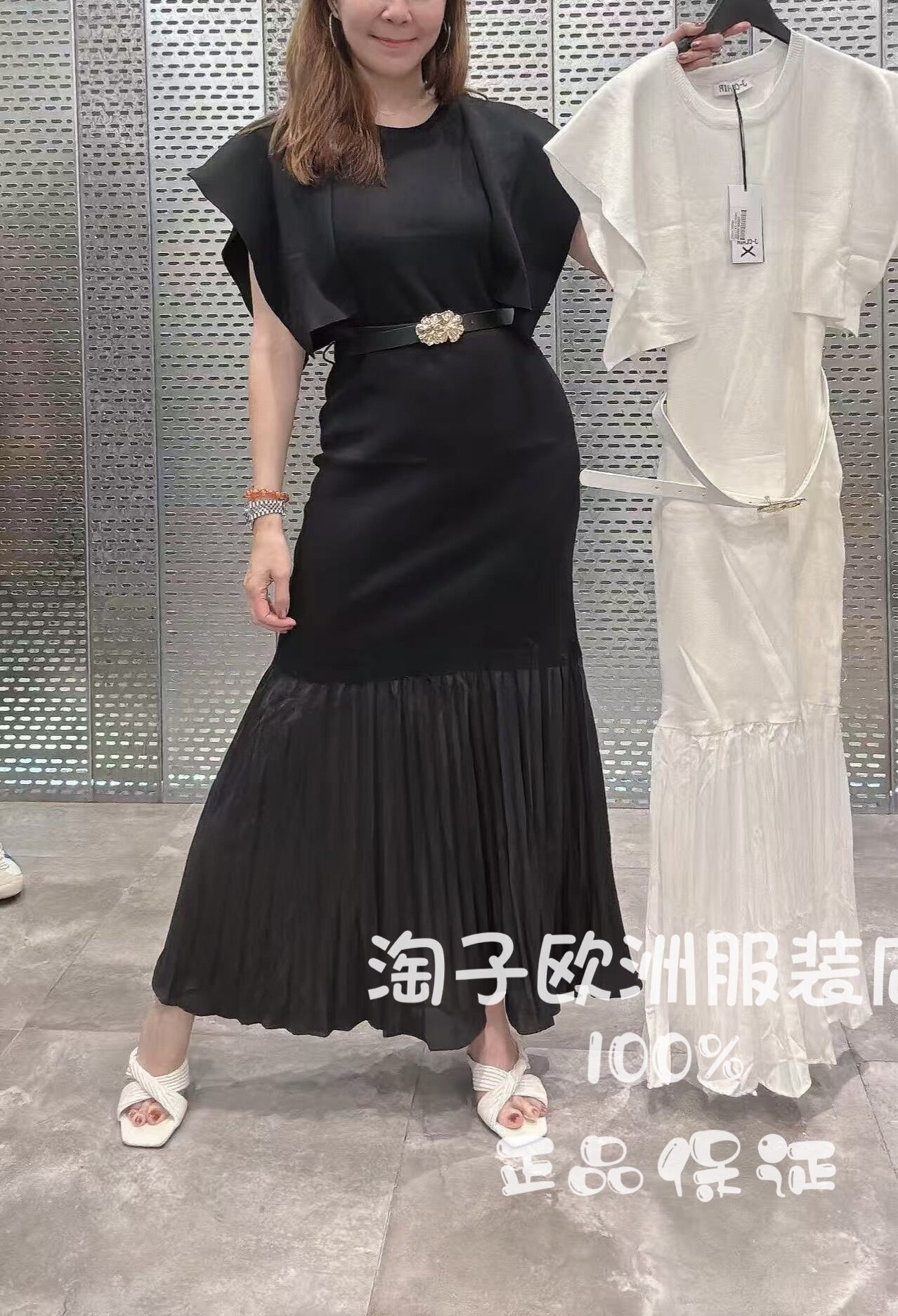 意大利品牌joie clair正品时尚袖子配腰带百褶下摆连衣裙2026春夏