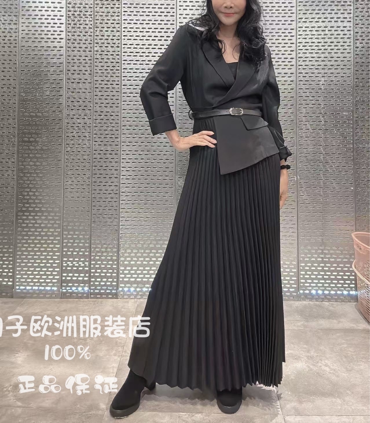 意大利品牌joleen正品配腰带百褶下摆假两件长袖连衣裙2025秋冬女