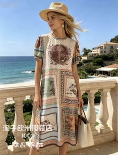 意大利品牌michelle复古印花图案圆领短袖连衣裙2026春夏女装
