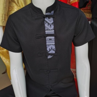 乔森蝶民族服饰立领对襟撞色个性休闲傣装民族风傣族男士衬衣