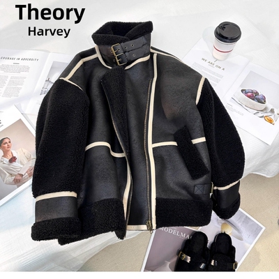 Theory Harvey皮毛一体机车羊羔毛外套女冬加厚鹿皮绒棉服短外套