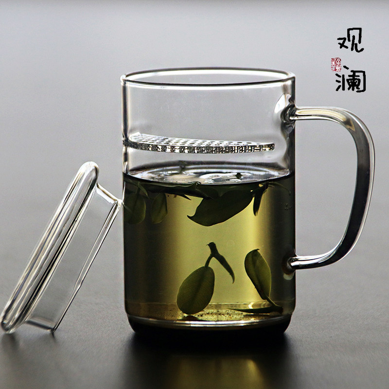 办公室玻璃杯月牙过滤带把泡茶杯图片