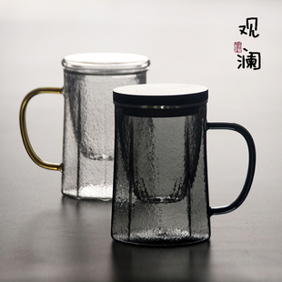 墨色大容量耐热玻璃茶杯可加热家用泡茶杯带把盖办公室男女喝水杯