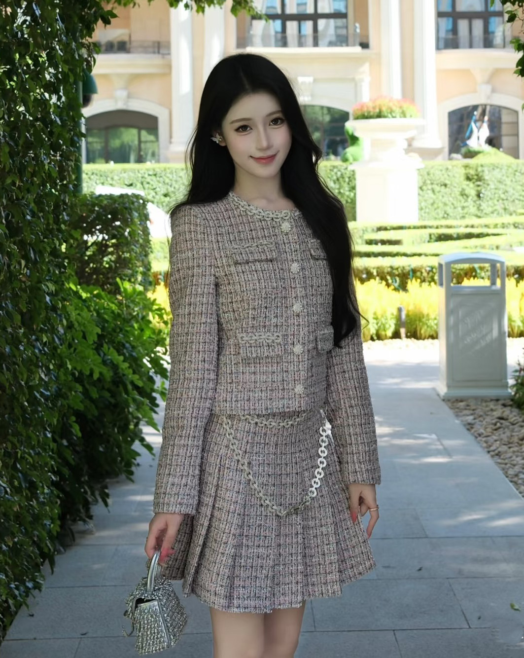 SP纯原2025秋冬新款粉色圆领钻饰修身上衣外套小香风百褶短裙女