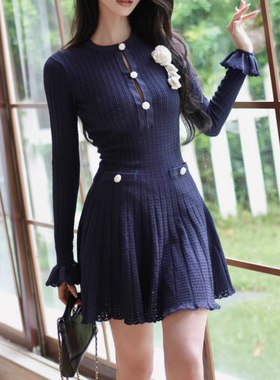 SP纯原2025秋冬新款藏蓝色长袖暗格纹针织连衣裙胸花短裙女小香风