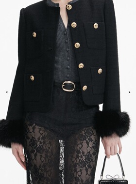 SP纯原2025秋冬新款黑色圆领金扣粗花呢外套上衣小香风短款百搭女