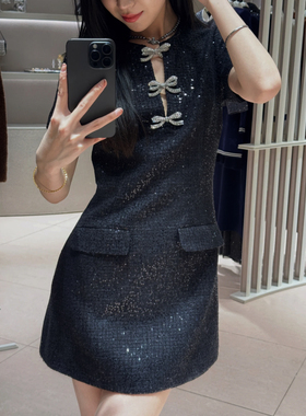 SP原2025春新款黑色复古显瘦蝴蝶结亮片粗花呢portrait连衣裙短裙