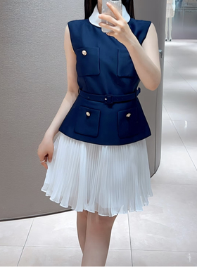 SP纯原2025春夏新款藏蓝色通勤无袖背心连衣裙女短裙百褶裙假两件