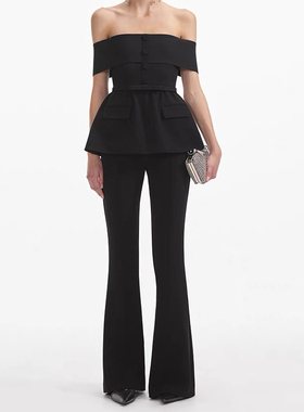 SP纯原2025春夏新款黑色通勤复古显瘦一字肩收腰喇叭连体长裤高级