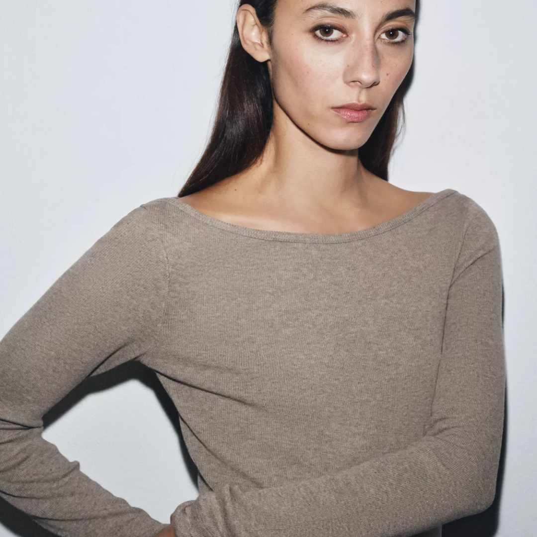 西班牙Z@家纯正原 大弹力罗纹棉纱针织工艺 大船领修身长袖上衣