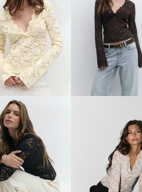 蕾丝衫鼻祖ginatricot  原正95%聚酰胺 绝美弹力蕾丝半透V领上衣