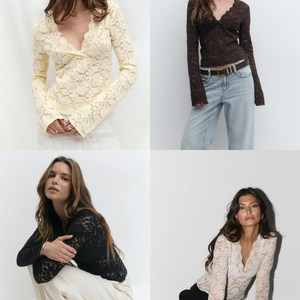 蕾丝衫鼻祖ginatricot 原正95%聚酰胺 绝美弹力蕾丝半透V领上衣