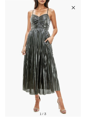 美名流socialite 闪耀金属光泽感面料 全内衬带口袋吊带连衣裙