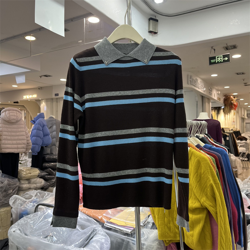 LAIKX正版复古条纹风翻领套头针织衫女撞色拼接修身打底毛衣秋冬