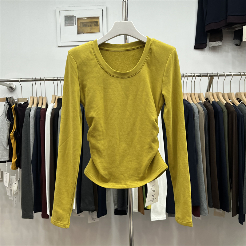 YUANXI元熙8255加绒侧边褶皱修身显瘦U领T恤打底衫上衣女冬季新款