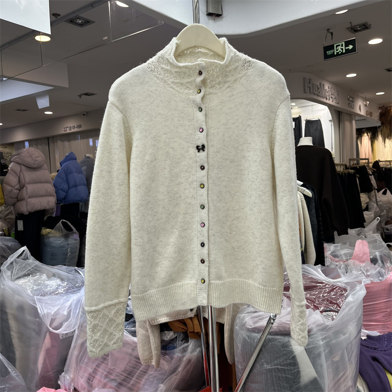 LAIKX韩系立领单排扣拼接长袖针织开衫女百搭保暖毛衣外套冬新款