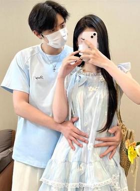 法式蓝色波浪绣花短袖连衣裙女夏季2025新款情侣装高级感一衣一裙