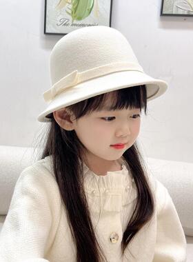 儿童小礼帽女童秋冬高端英伦赫本小香风法式中大童米白黑渔夫盆帽