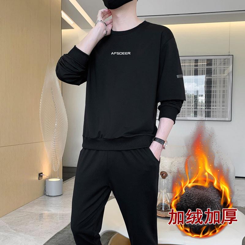 加绒运动套装男2024冬季加厚新款潮休闲卫衣两件套修身春秋跑步服