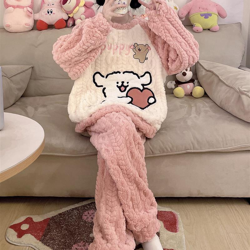 珊瑚绒睡衣女秋冬季线条小狗大童女孩初中学生加厚保暖家居服套装