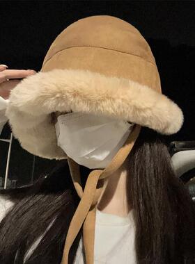 毛绒渔夫帽女冬季新款加厚保暖盆帽防风护耳雷锋帽冬天毛茸茸帽子
