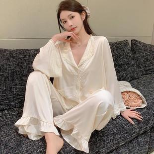 家居服甜美花边宫廷风套装 纯欲风睡衣女款 冰丝长袖 春季 2025年新款