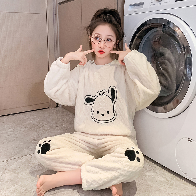 儿童睡衣法兰绒加厚款大女童珊瑚绒家居服秋冬季小孩保暖睡裤套装