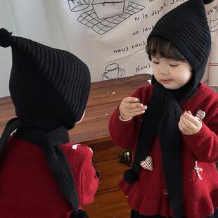 宝宝帽子围巾一体时髦洋气男童女孩护耳帽儿童针织毛线帽尖尖帽