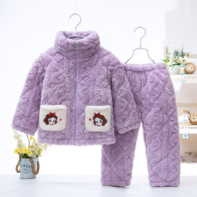 儿童冬季夹棉睡衣套装珊瑚绒加厚男女童拉链款法兰绒家居服宝宝