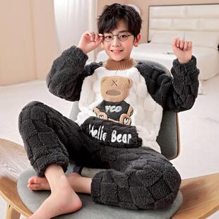2024儿童睡衣男法兰绒冬季 加绒加厚珊瑚绒男童卡通大童家居服套装