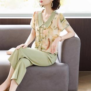 T恤小衫 套裝 媽媽夏裝 中老年女夏季 雪紡上衣服兩件套 短袖 2025新款
