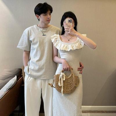 法式情侣装夏装2025新款高级小众设计感短袖T恤连衣裙一衣一长裙