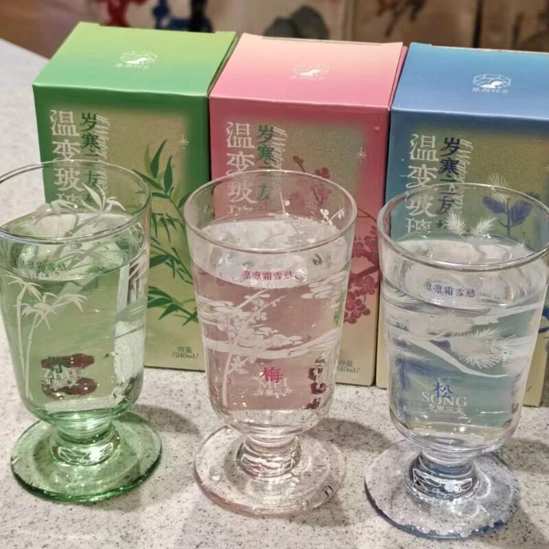 茶颜悦色温变玻璃杯创意花卉图案高脚杯家用水杯茶杯高颜值杯子