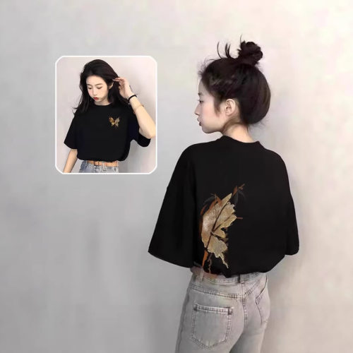 蝴蝶纯棉黑色短袖t恤女2026新款爆款夏季独特设计感上衣大码体恤